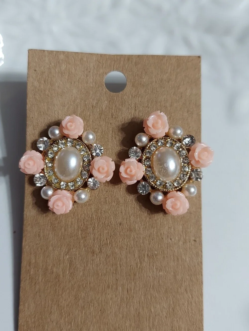 Textured Gold Tone/Peach Roses, Faux Pearls & Faceted Cut Crystal Earrings